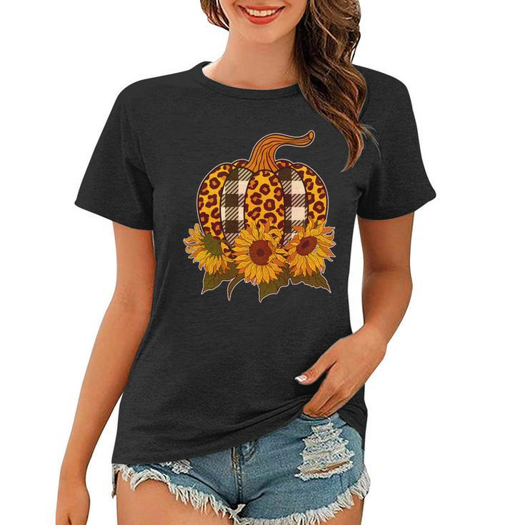 Fashion Autumn Leopard Buffalo Plaid Pumpkin Graphic Design Printed Casual Daily Basic Women T-shirt