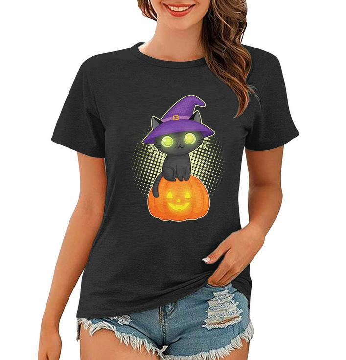 Funny Halloween Cute Halloween Cute Witch Kitten With Pumpkin Graphic Design Printed Casual Daily Basic Women T-shirt