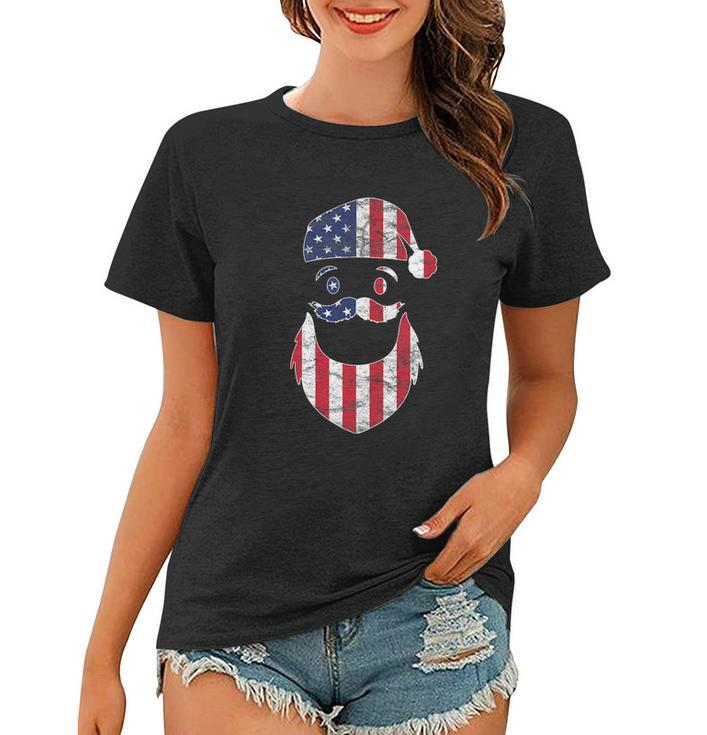 Funny Santa Claus Face American Flag Christmas For 4Th Of Flag Women T-shirt