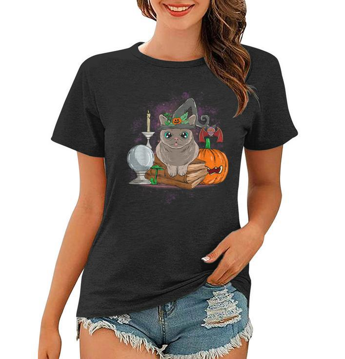 Grey Cat Witch Halloween Crystal Ball Books Bat  Women T-shirt