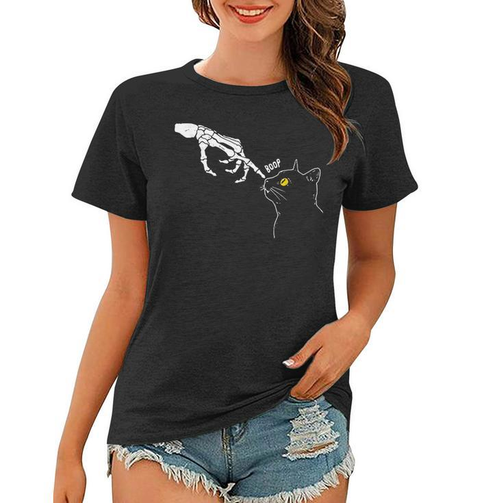 Halloween Cat Black Lover Skeleton Hand Boop Funny  Women T-shirt