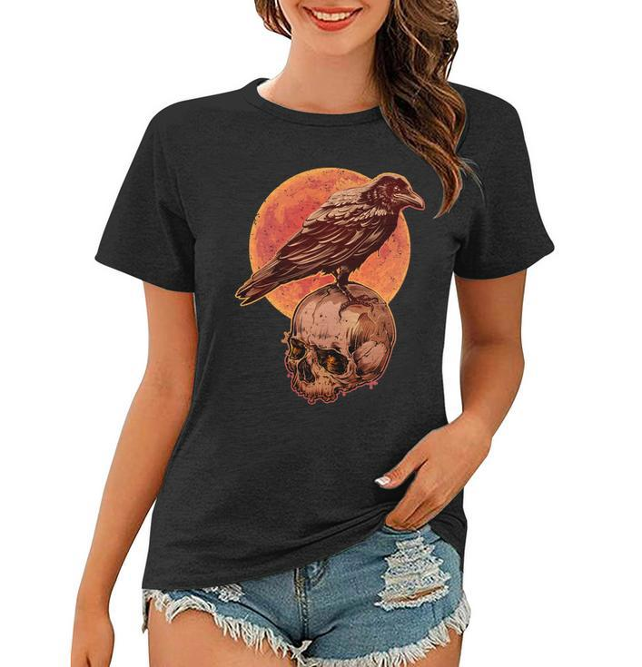 Halloween Cool Raven Crow Skull And Moon Women T-shirt