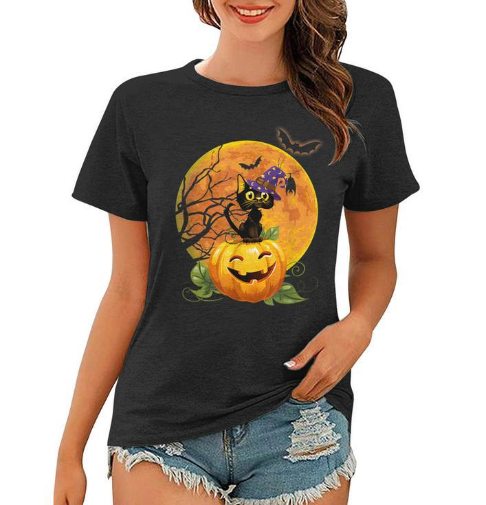Halloween Cute Witch Cat Mom Pumpkin Moon Spooky Cat  Women T-shirt