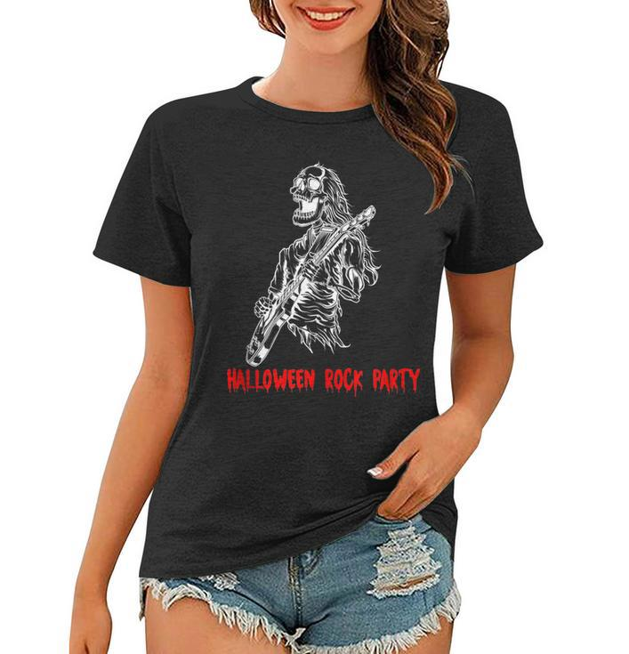 Halloween Rock Party Dancing Guitar Skeleton Playing Rock  Women T-shirt