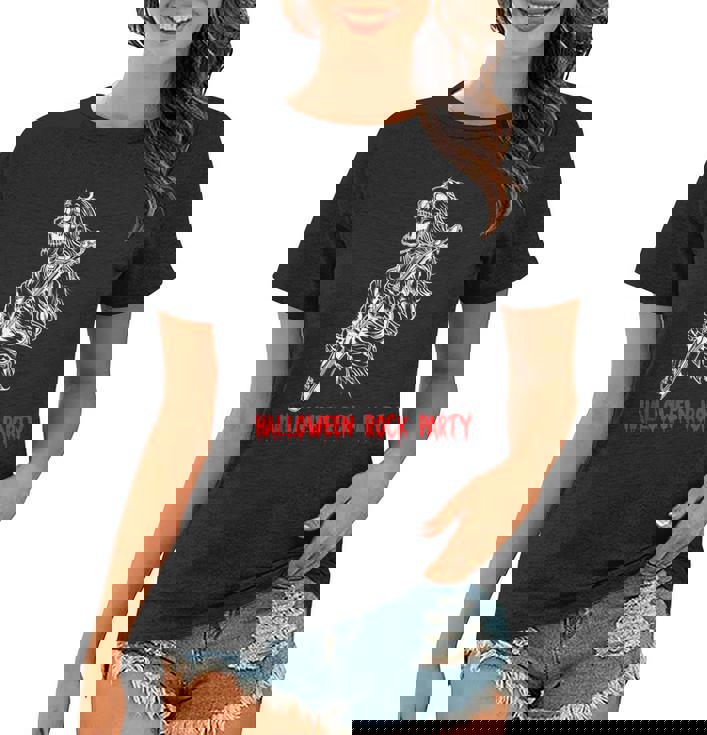 Halloween Rock Party Dancing Guitar Skeleton Playing Rock  Women T-shirt