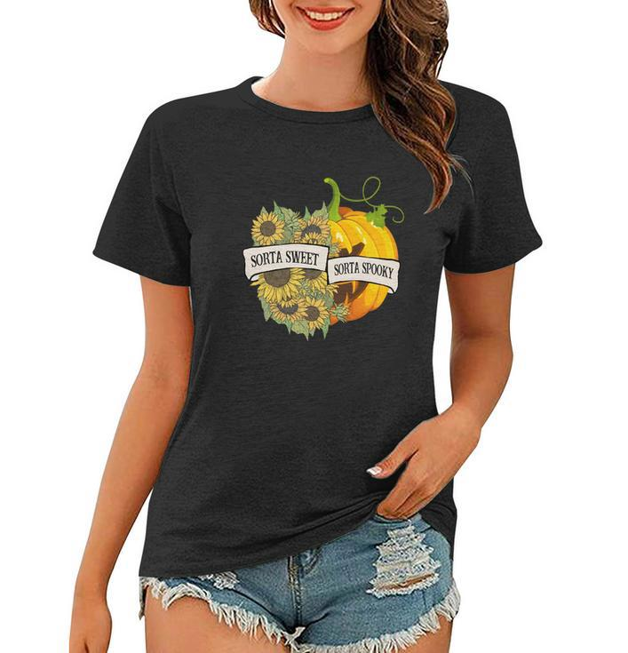 Halloween Sorta Sweet Sorta Spooky Pumpkin Sunflower Women T-shirt