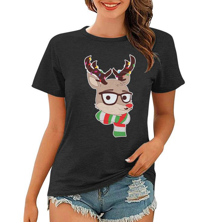 Hipster Red Nose Reindeer Christmas Lights Graphic Design Printed Casual Daily Basic Women T-shirt
