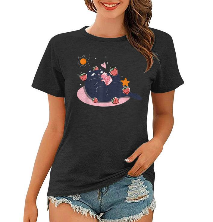 Kawaii Cat Strawberry Milk Japanese Cat Lover Neko Anime  Women T-shirt