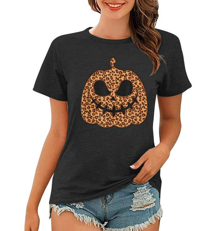 Leopard Jack O Lantern Pumpkin Halloween Print Lazy Costume  Women T-shirt