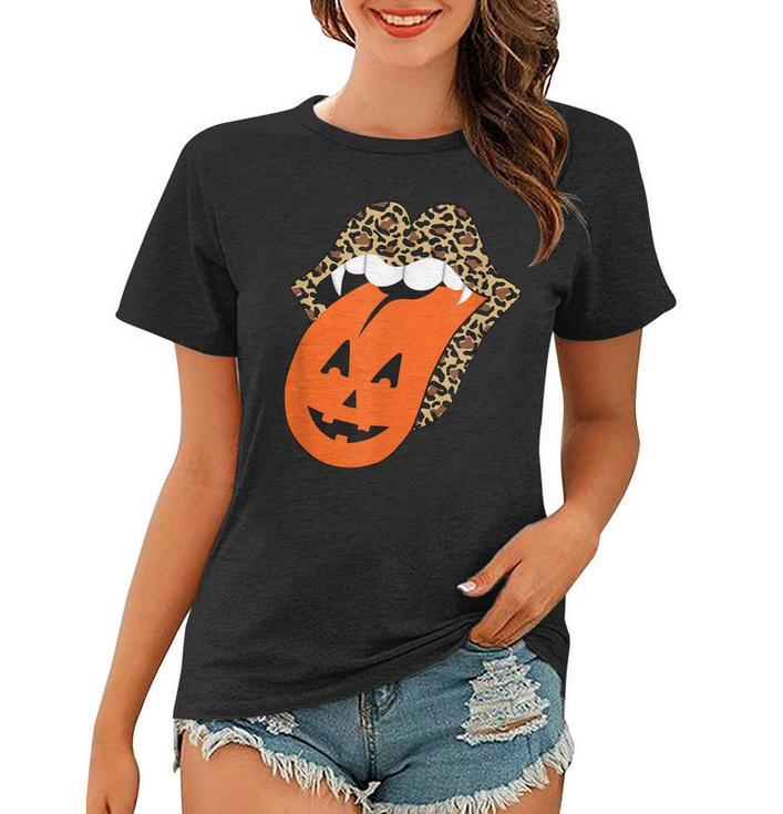 Leopard Lips Halloween Lips Vampire Mouth Pumpkin Tongue  V3 Women T-shirt