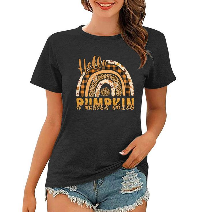 Leopard Plaid Autumn Hello Pumpkin Fall Rainbow Women T-shirt