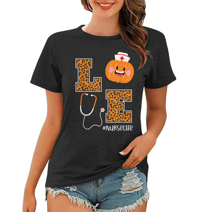 Love Nurse Life Pumpkin Leopard Fall Halloween Nurses  Women T-shirt