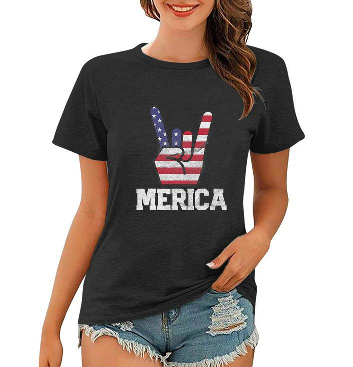 Merica Rock Sign 4Th Of July Vintage American Flag Women T-shirt