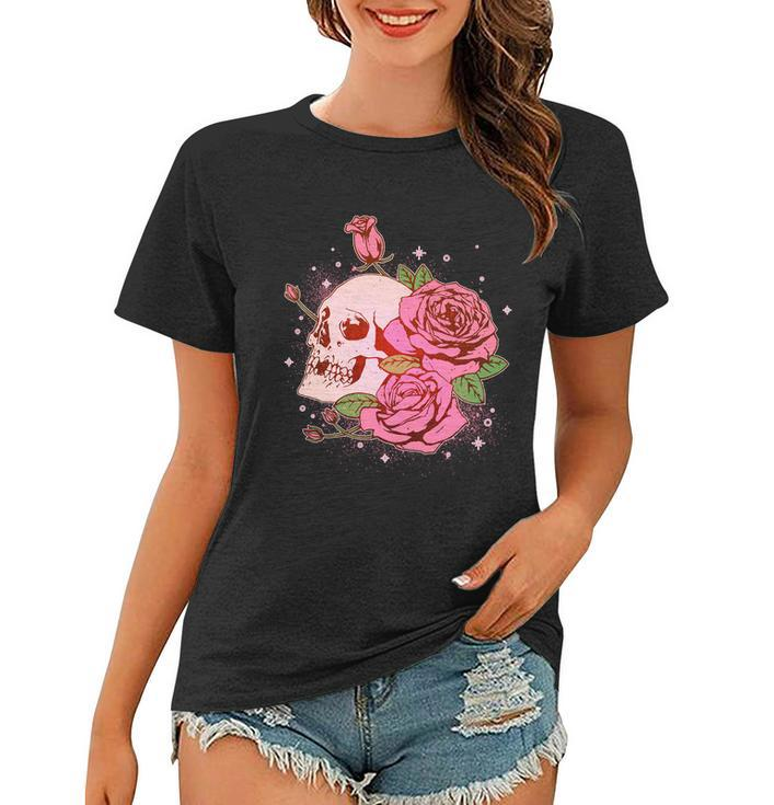 Pink Roses Skull Tattoo Women T-shirt