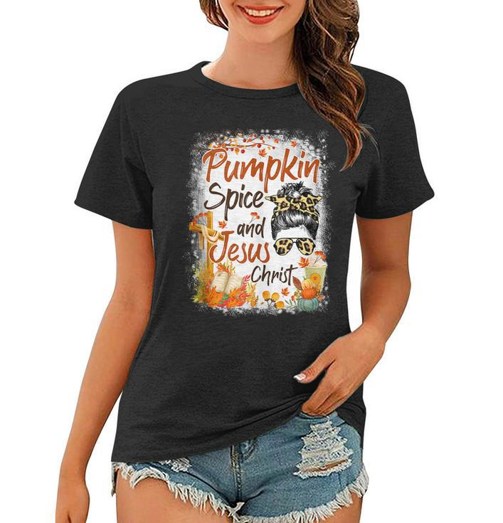 Pumpkin Spice And Jesus Christ Leopard Messy Bun Fall  Women T-shirt