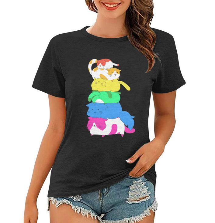 Purride Rainbow Lgbt Cat Pile Funny Feline Gay Pride Cat Gift Women T-shirt