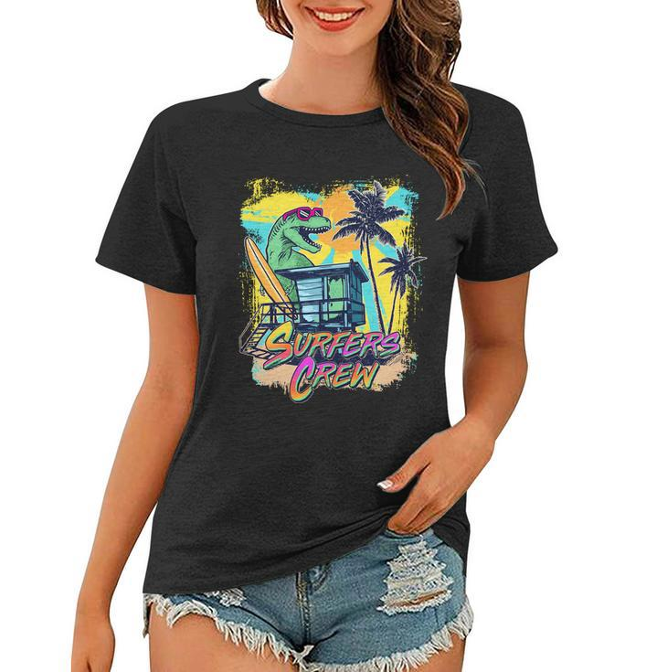 Retro 80S Eighties Trex Dinosaur Surfers Crew Women T-shirt