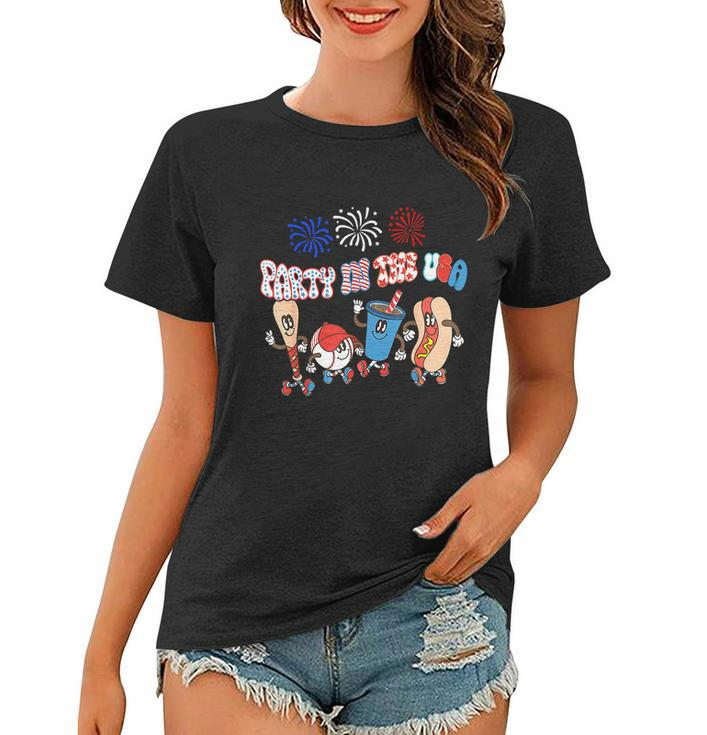 Retro Style Party In The Usa 4Th Of July Baseball Hot Dog Women T-shirt