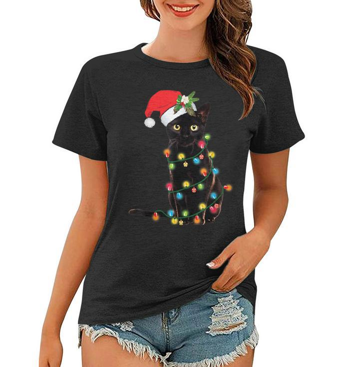 Santa Black Cat Tangled Up In Christmas Tree Lights Holiday  Women T-shirt
