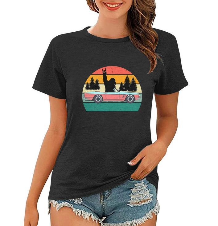 Sasquatch Bigfoot Driving Car Retro Sunset Funny Women T-shirt