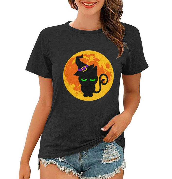 Scary Black Cat Costume Witch Hat Amp Moon Graphics Halloween Quote Women T-shirt