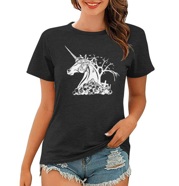 Scary Halloween Unicorn Skulls And Bats   Women T-shirt