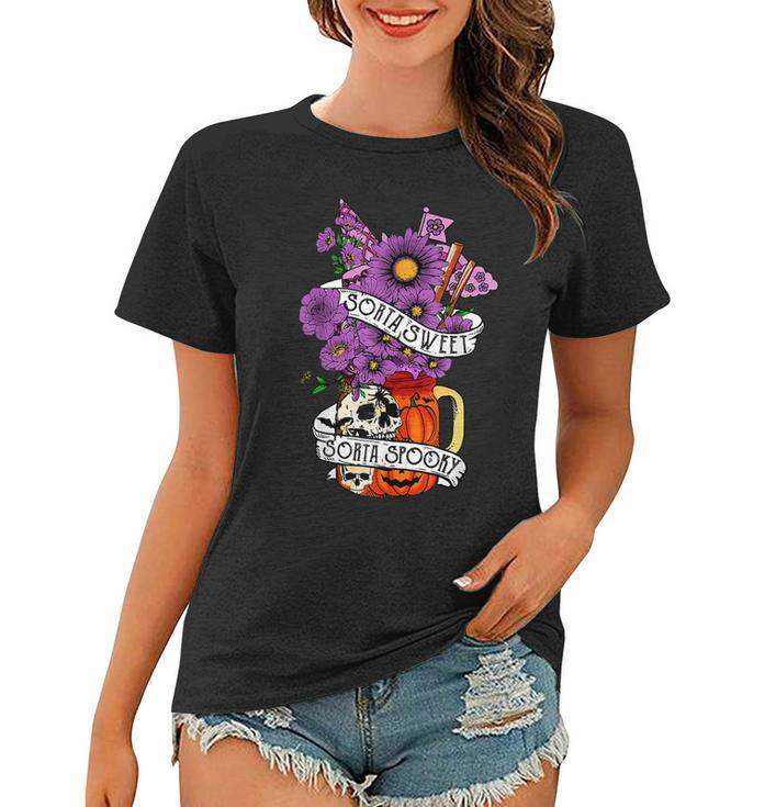 Sorta Sweet Sorta Spooky Flower Skull Pumpkin Halloween  Women T-shirt