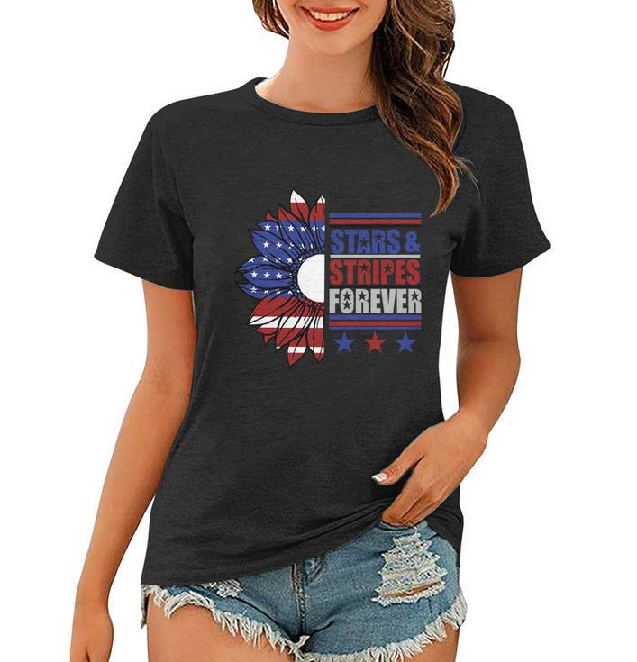 Stars Stripes Forever Sunflower America Flag 4Th Of July Women T-shirt
