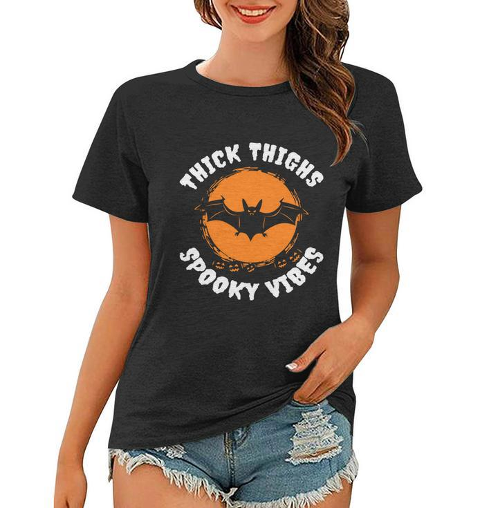 Thick Thighs Spooky Vibes Bat Halloween Quote Women T-shirt