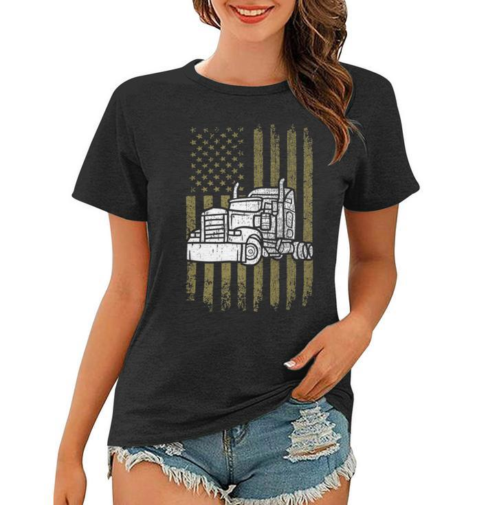 Trucker Trucker Vintage American Flag Semi Truck Driver Patriotic Women T-shirt
