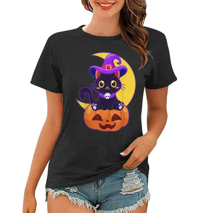 Vintage Scary Halloween Black Cat Costume Witch Hat & Moon  Women T-shirt