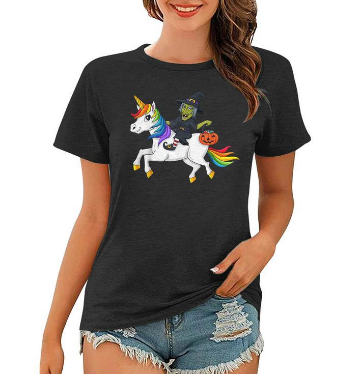 Witch Riding Unicorn Funny Halloween Girls Kids  Women T-shirt