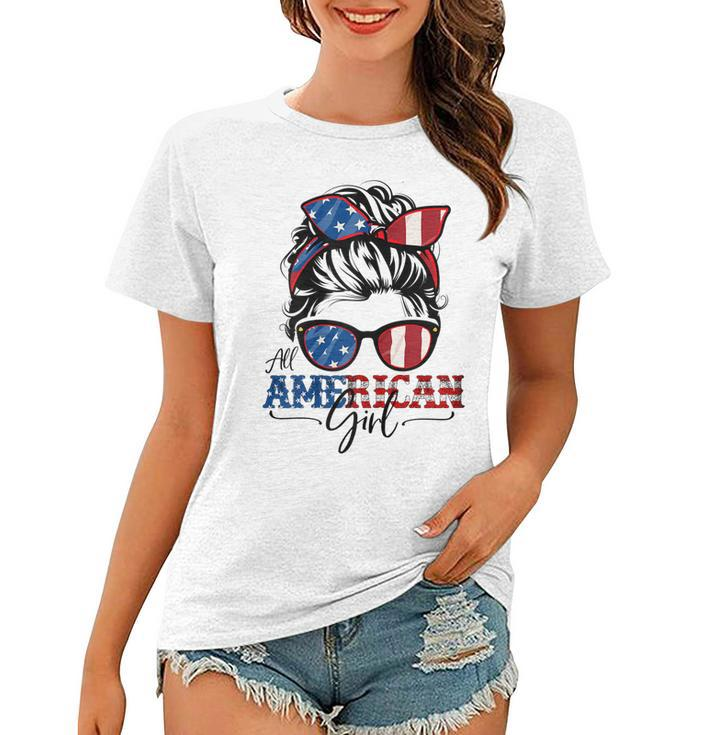 All American Girl 4Th Of July  Women Messy Bun Usa Flag  V2 Women T-shirt