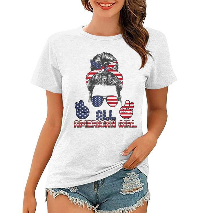 All American Girl Messy Bun American Flag 4Th Of July  V2 Women T-shirt