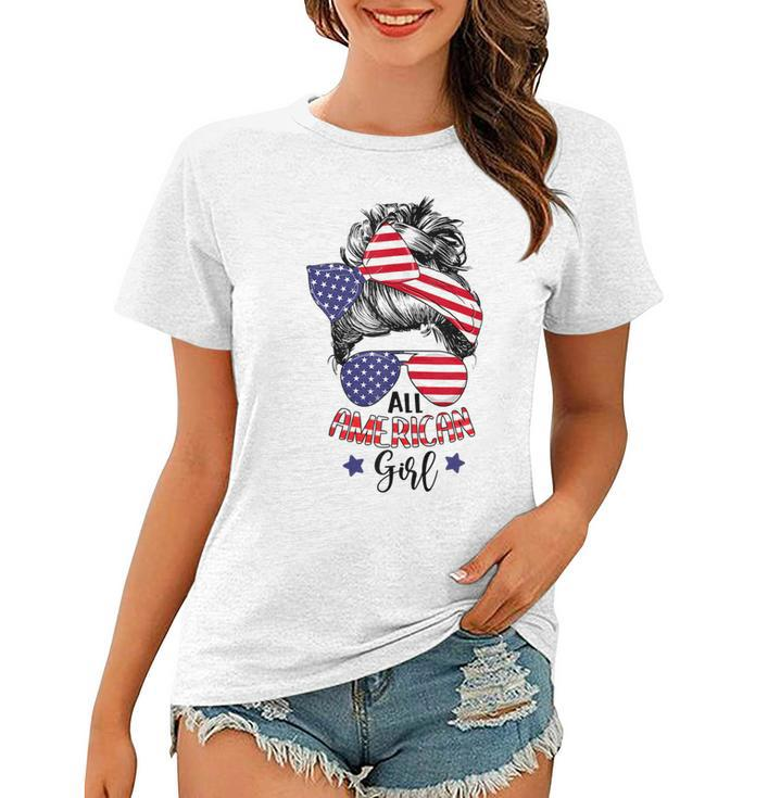 All American Girl Messy Bun Usa Flag Patriotic 4Th Of July  V2 Women T-shirt