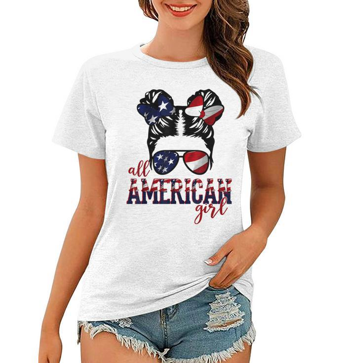 All American Girl Messy Hair Bun Woman Patriotic 4Th Of July  V2 Women T-shirt