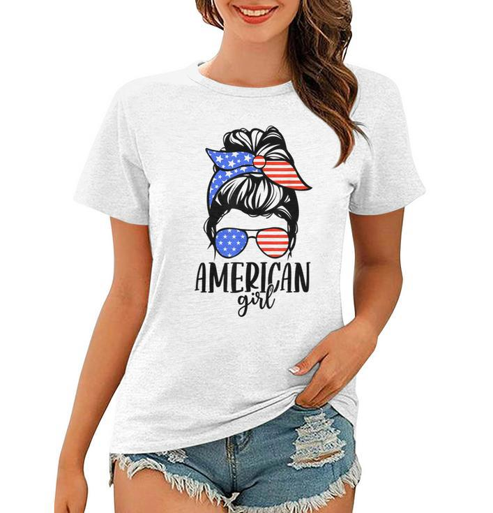 American Girl Messy Hair Bun Usa Flag Patriotic 4Th Of July  Women T-shirt