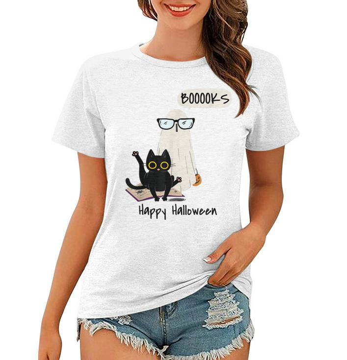 Book Lover Halloween Boooks Ghost Boo And Black Cat Cute  Women T-shirt