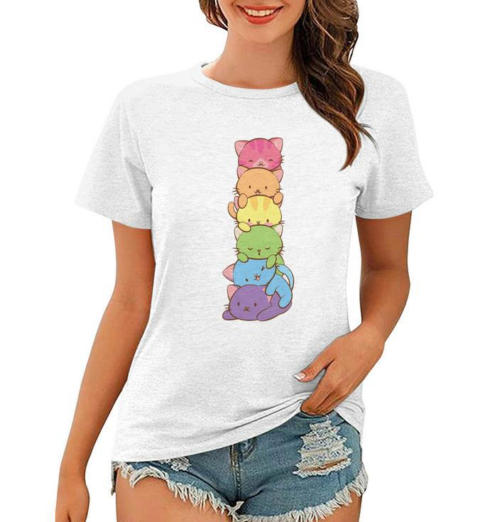Cute Lgbt Rainbow Gay Pride Flag Kawaii Cat Pile Anime Art Gift Women T-shirt