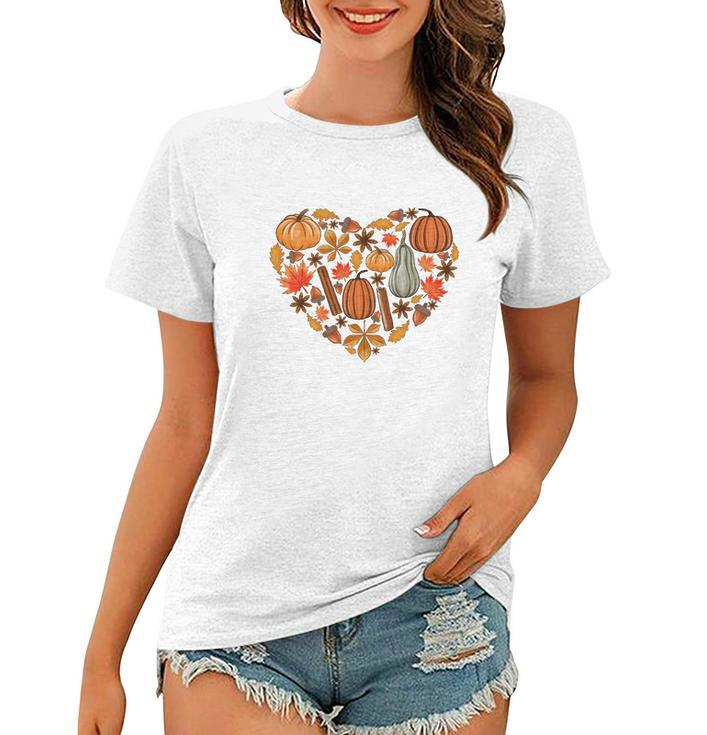 Fall Heart Pumpkins Flowers Women T-shirt