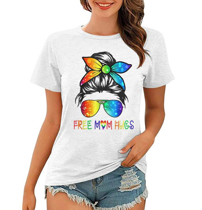 Free Mom Hugs Messy Bun Rainbow Lgbt Pride Month  Women T-shirt