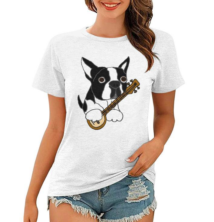 Funny Boston Terrier Dog Playing Banjo Women T-shirt