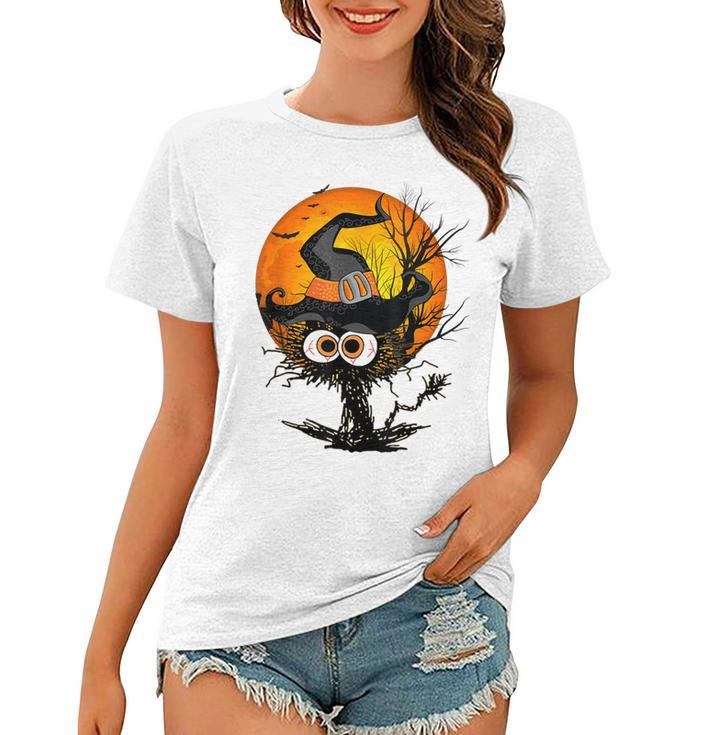 Funny Halloween Black Cat Costume Witch Hat & Moon Men Women  Women T-shirt