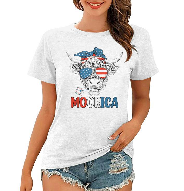 Funny Moorica 4Th Of July American Flag Highland Cow  Women T-shirt