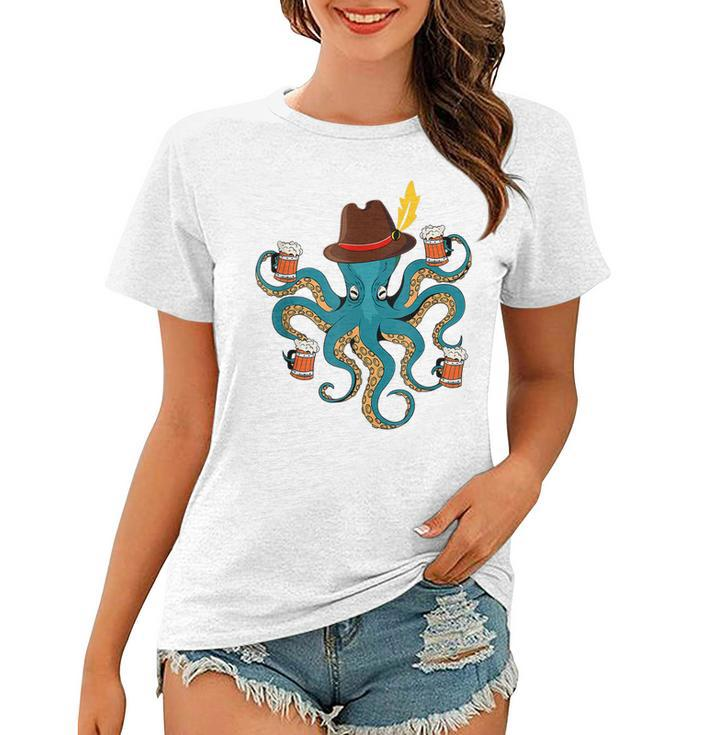 Funny Oktoberfest Octopus With Beer German Hat Oktoberfest  Women T-shirt