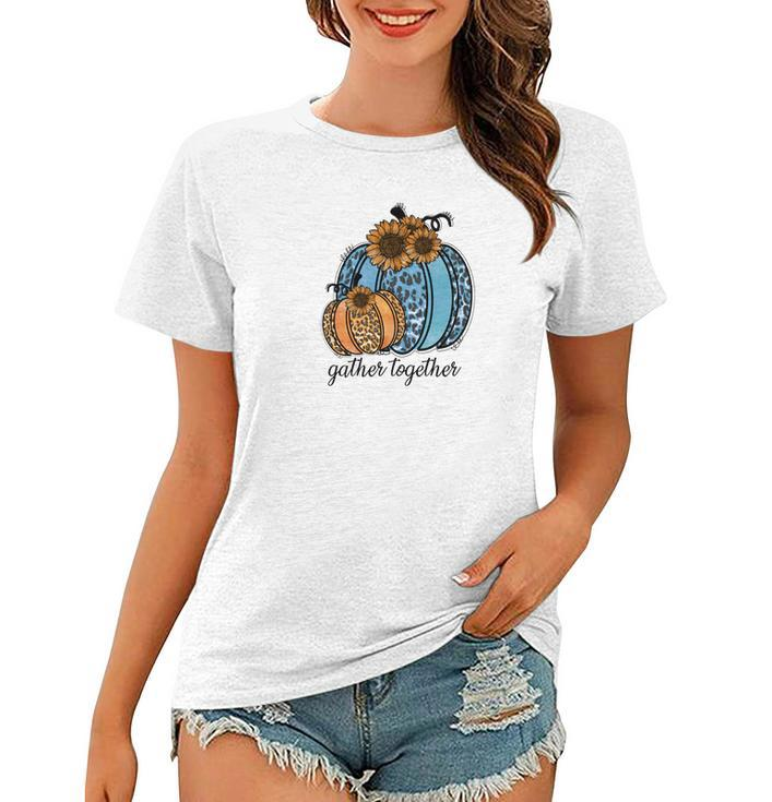 Gather Together Leopard Blue Pumpkin Fall Women T-shirt