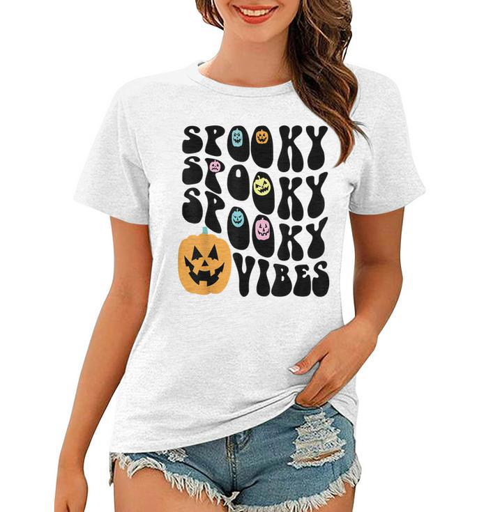 Groovy Spooky Vibes Scary Pumpkin Face Funny Halloween  Women T-shirt