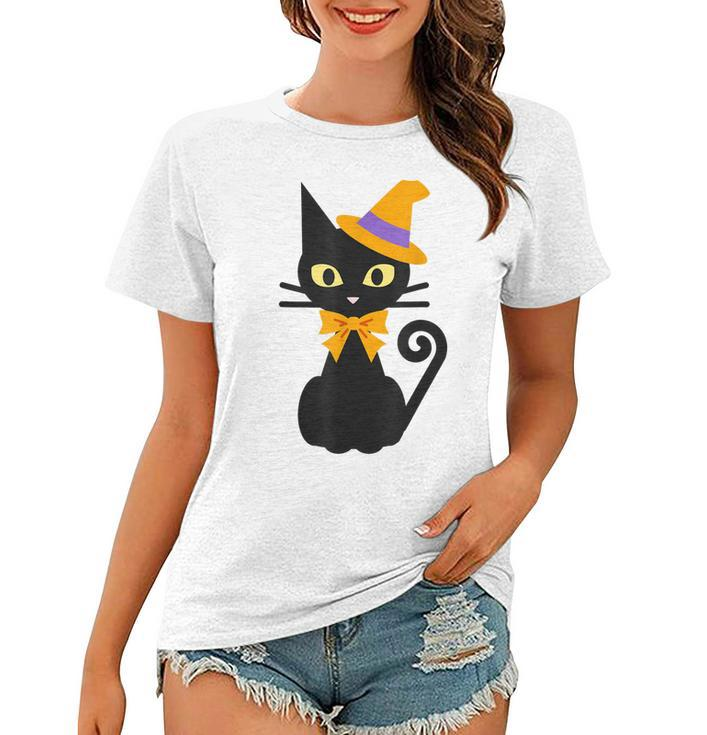 Halloween Black Cat With Hat And Bow Japanese Funny  Women T-shirt