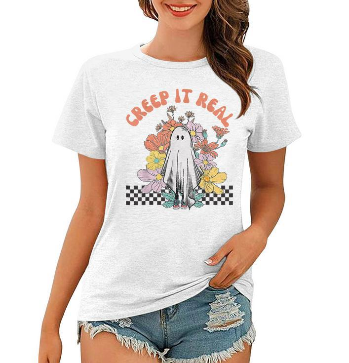 Halloween Costume Retro Creep It Real Ghost With Flowers  Women T-shirt