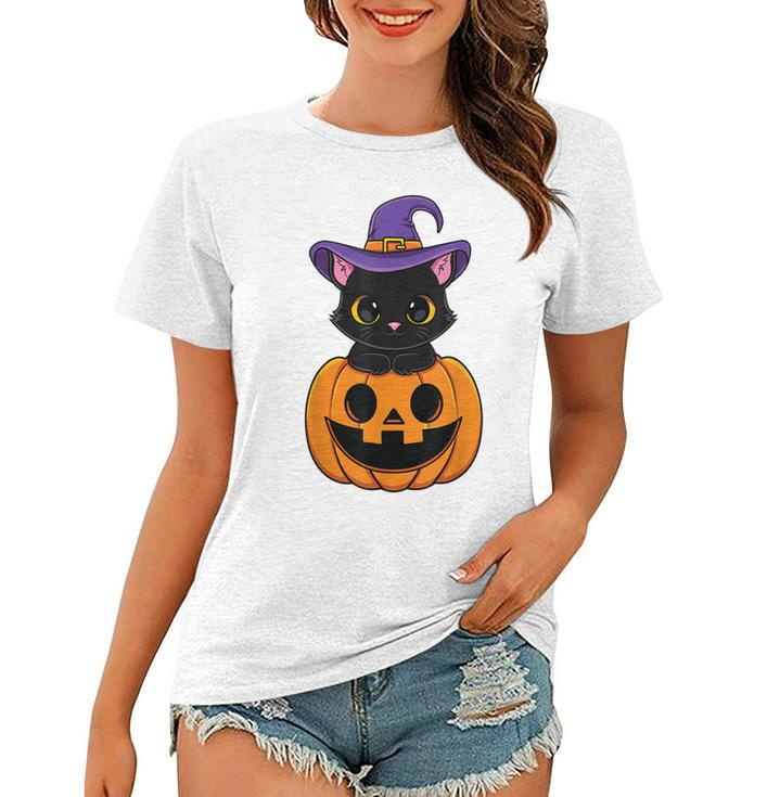 Halloween Cute Black Cat Witch Hat Pumpkin For Kids Girls  Women T-shirt